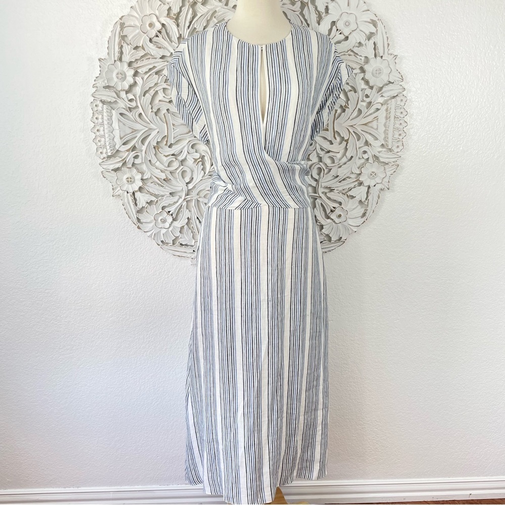 {Three Graces} Striped Short Sleeve Wrap-Waist Linen Midi Dress, Size M/6